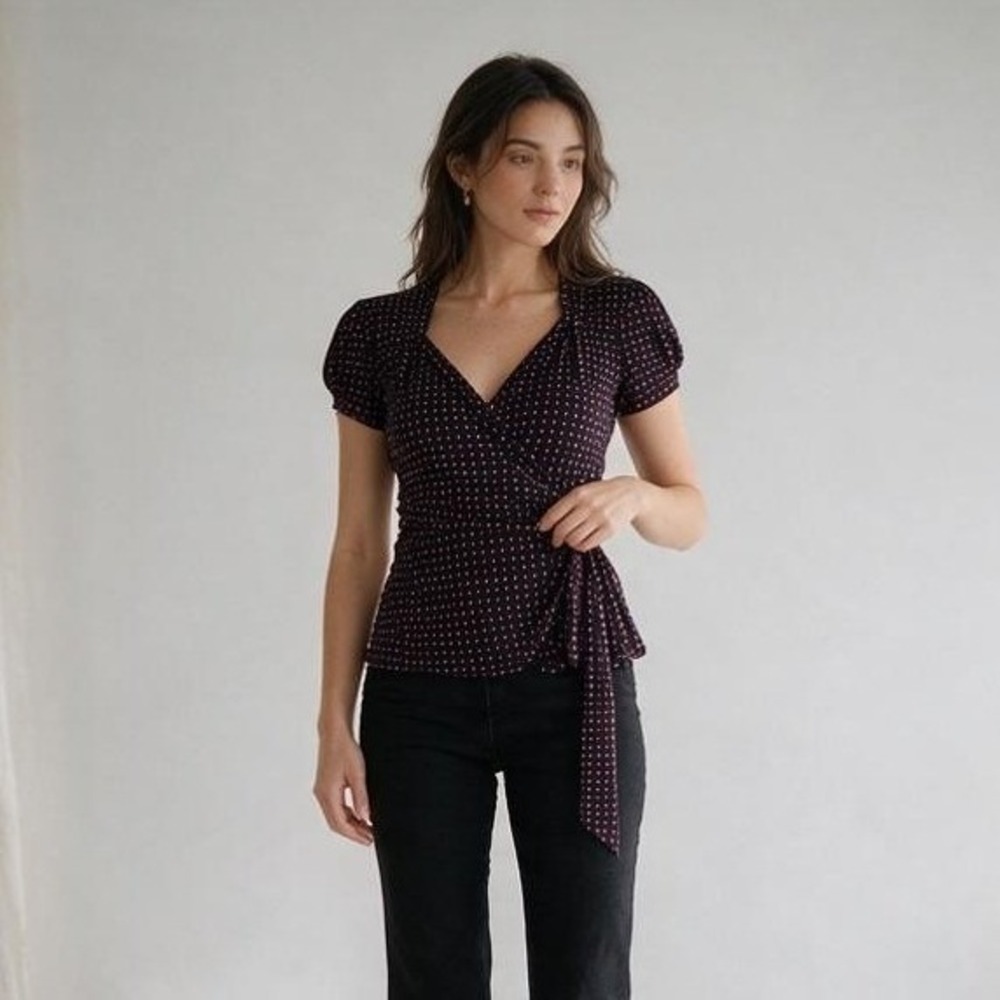 INC Wrap Blouse Top Womens Small Black Pink Polka Dot Coquette Retro Chic